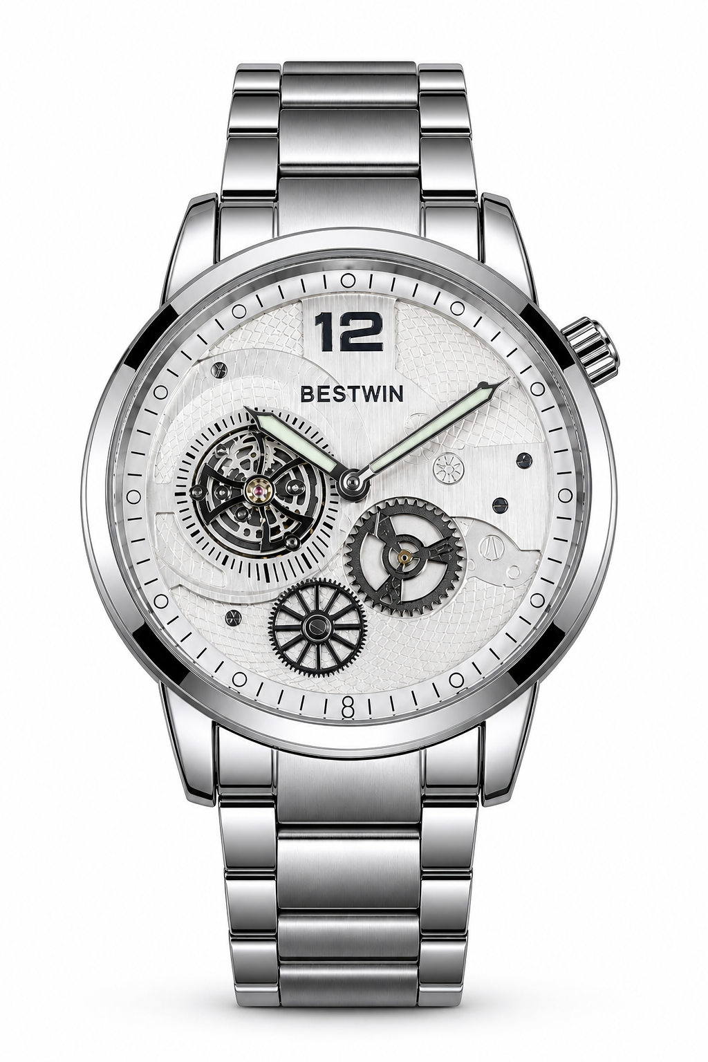 BESTWIN Silver Steel Quartz Watch with Industrial Skeleton Design ...